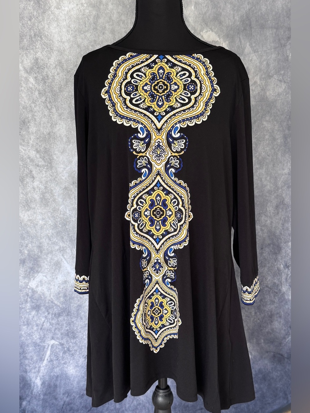JM Collection Black Tunic Dress with Blue and Gold Medallion Print